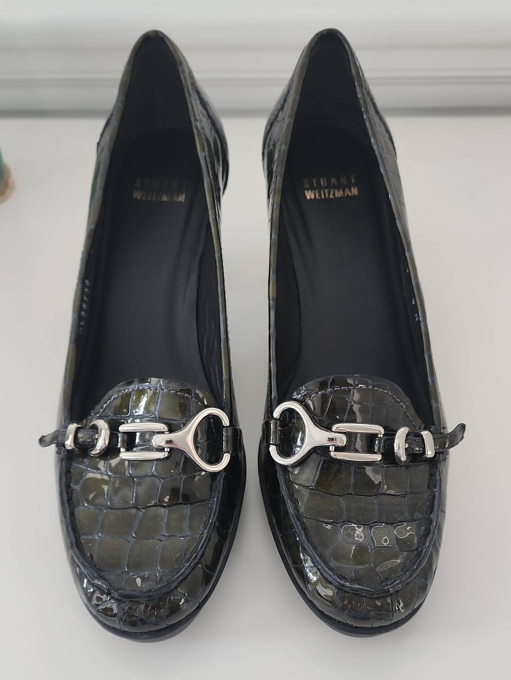 Stuart Weitzman Olive Black Croc-Embossed Leather Loafers with Silver Bit